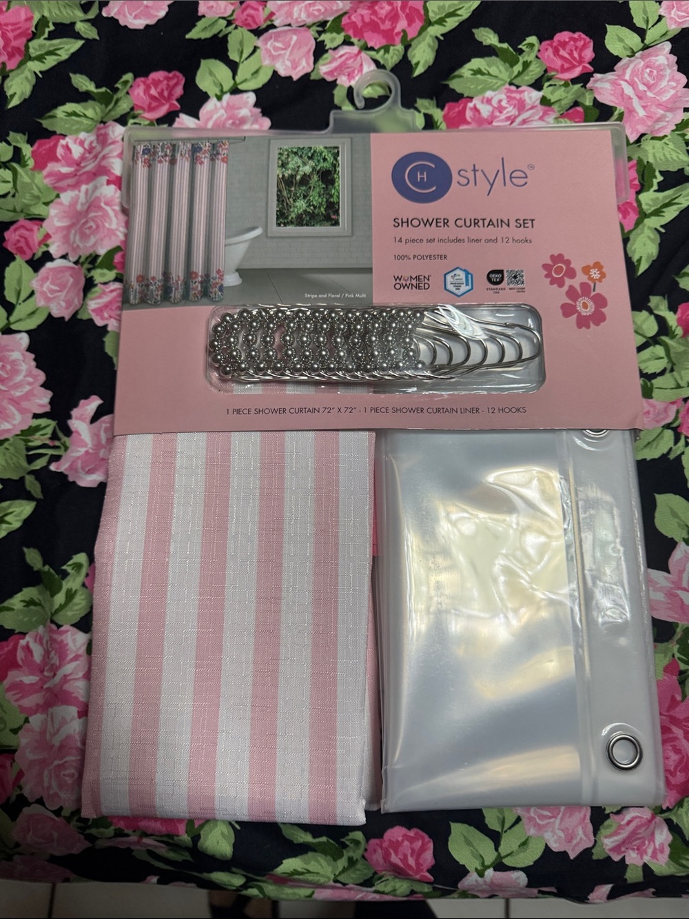 NEW Betsey Johnson Pink and White Striped Shower Curtain Set